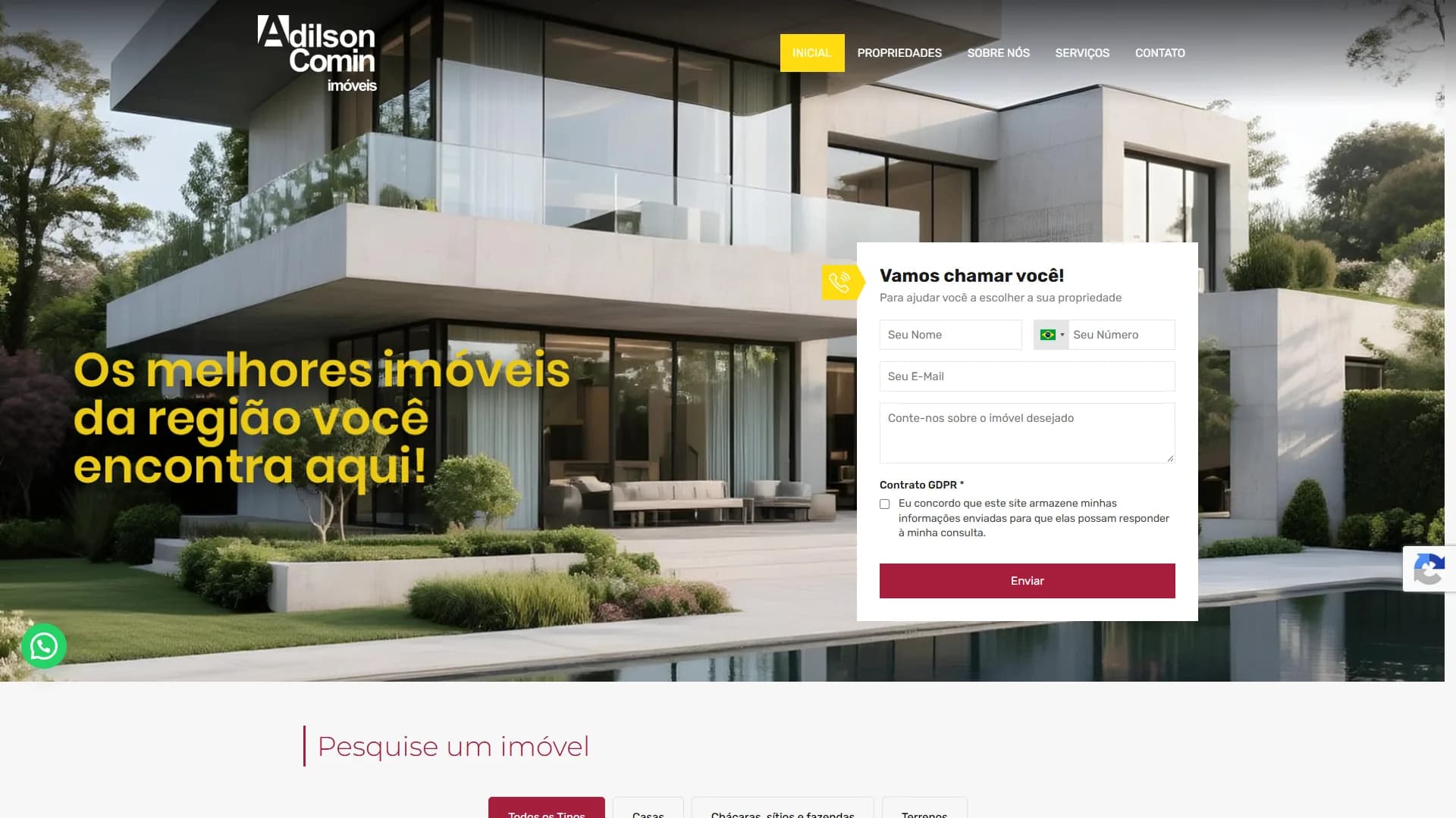 Página inicial da Adilson Comin Imóveis, com busca e imóveis em destaque
