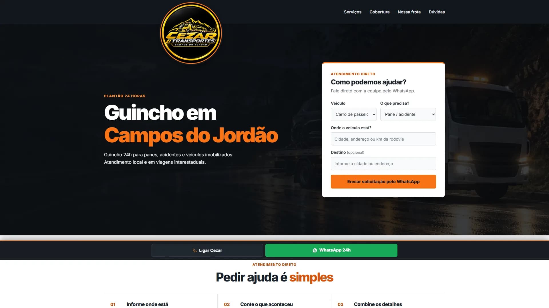 Página inicial da Cezar Transportes, com formulário de solicitação de guincho