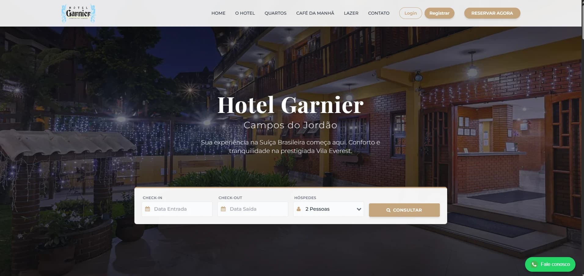 Página do Hotel Garnier, com fotografia do hotel e interface de reserva