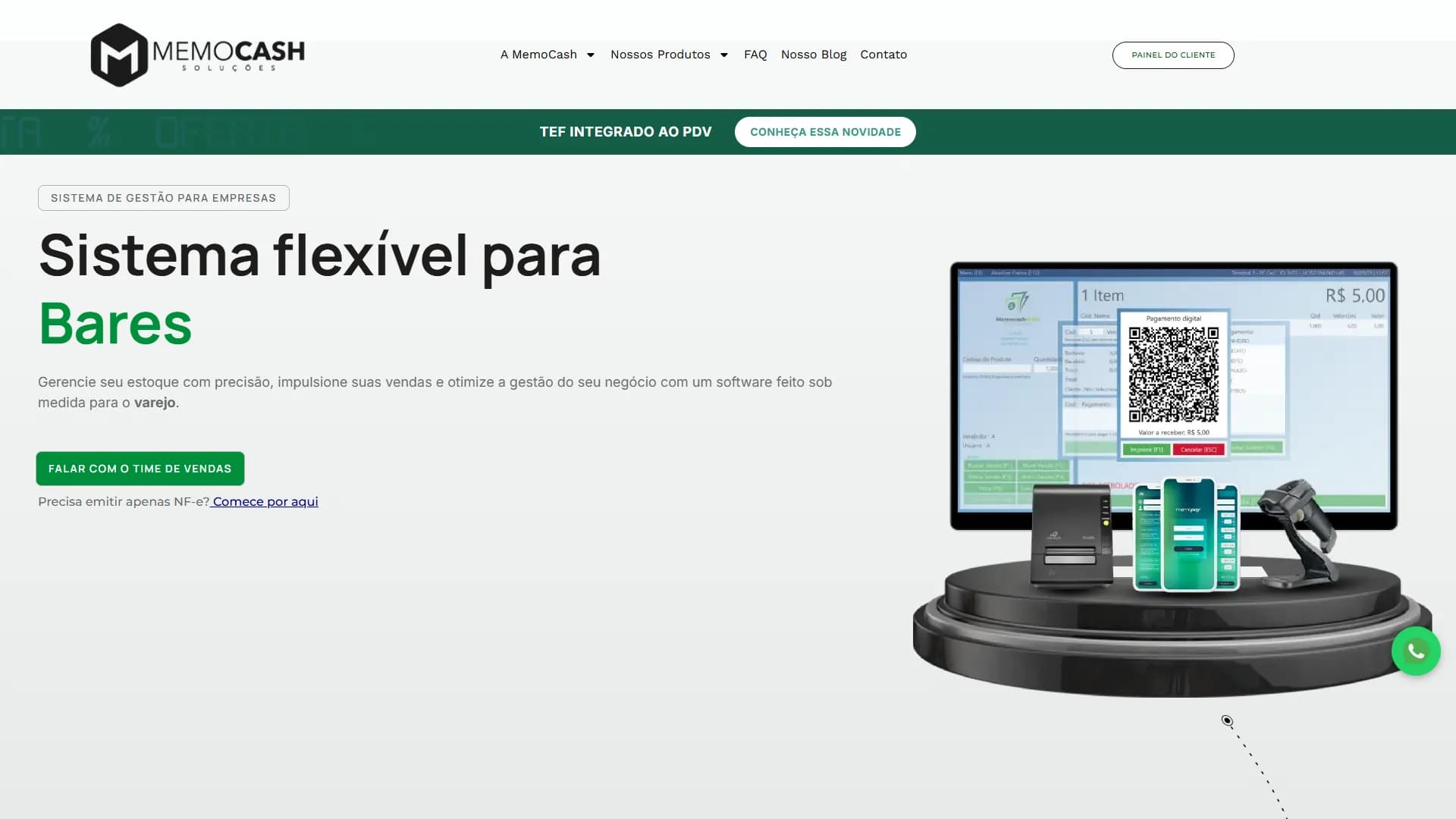 Página inicial da MemoCash Soluções, apresentando sistema de gestão para empresas