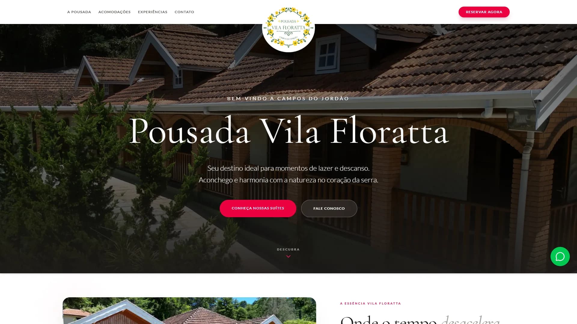 Página inicial da Pousada Vila Floratta, com fotografia da pousada e acesso às suítes